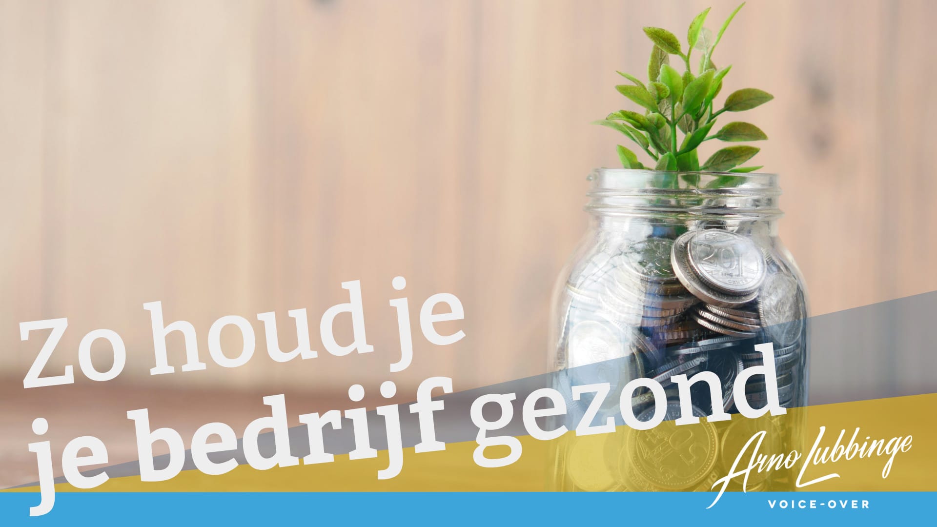 Een jampotje met geld waar een plantje uit groeit. Er onder staat de tekst: Financiële tips voor stemacteurs: zo houd je je bedrijf gezond
